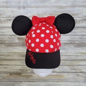 Disney Parks Minnie Mouse Ears & Bow Snapback Hat Red White Polka Dot Youth L/XL